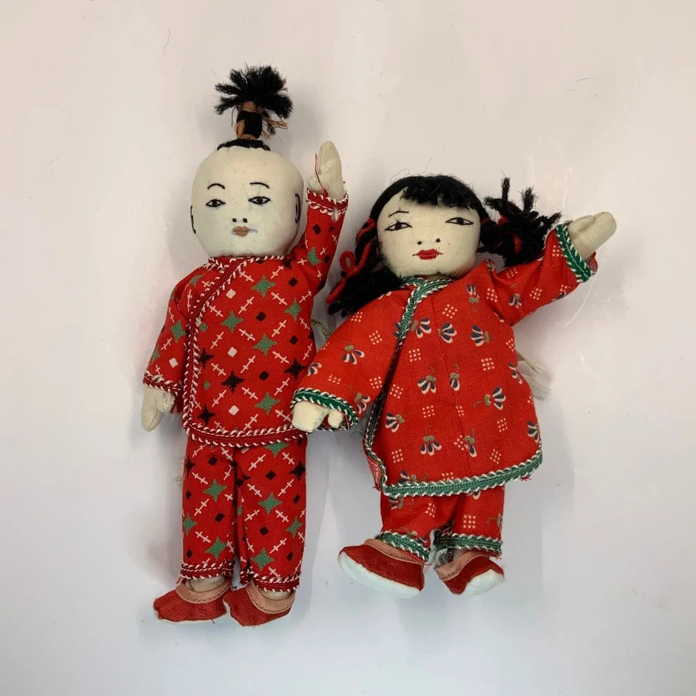 Vintage Chinese Folk Art Cloth Dolls Pair Handmade Red Traditional Dress 7 inch